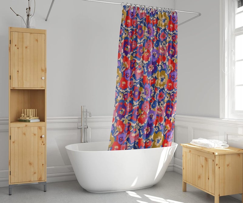 Worthwhile Goods Red Blue Purple Floral Print Shower Curtain - Impressionist Watercolor Flowers Pattern - Country Farmhouse Design - Pretty Summer Fabric Shower Curtain For Any Bathroom - 72x72 Inches (Red Floral) - Image 2